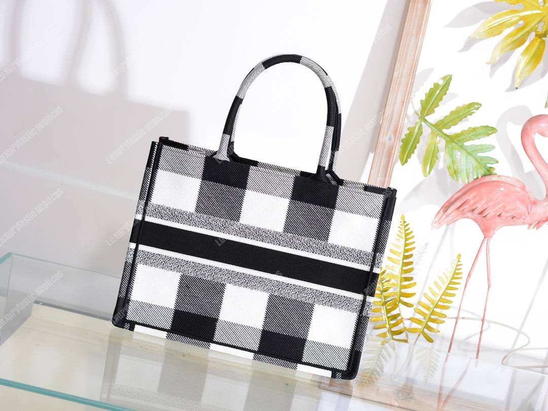 mini D*or book tote in off-white & black embroidered canvas