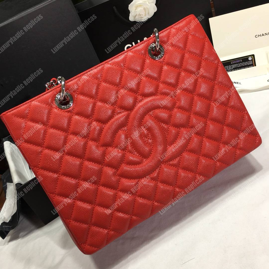 Ch*el large shopping tote silver tone red