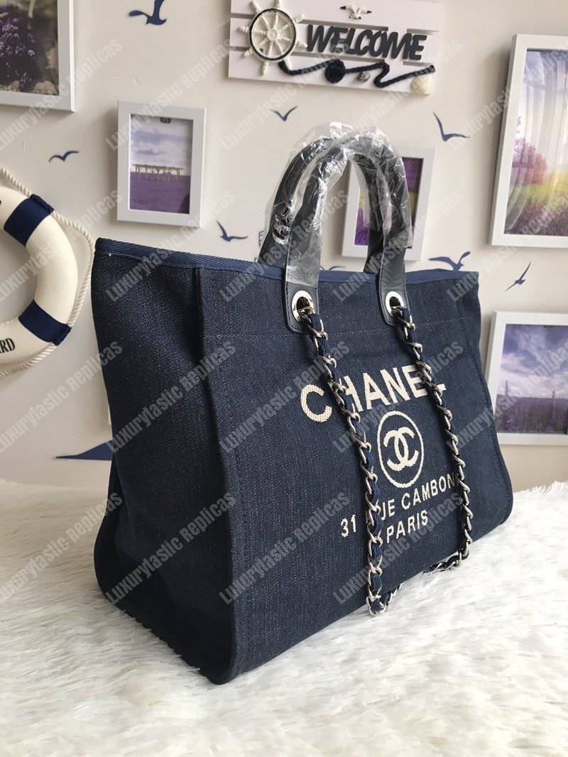 Ch*el deauville fabric tote navy blue/gold