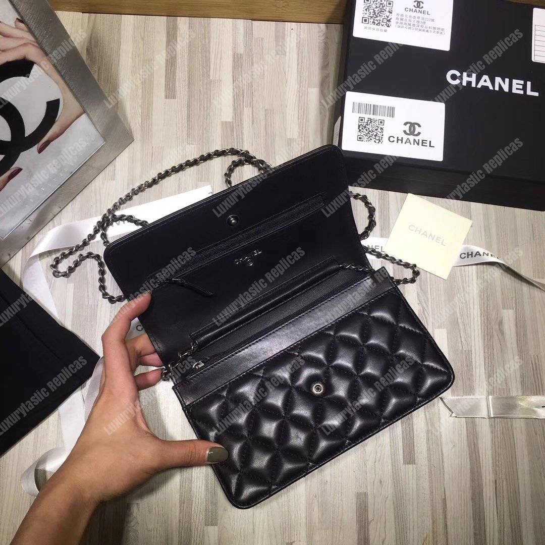 Ch*el le boy wallet on chain – woc black quilted lambskin silver-toned