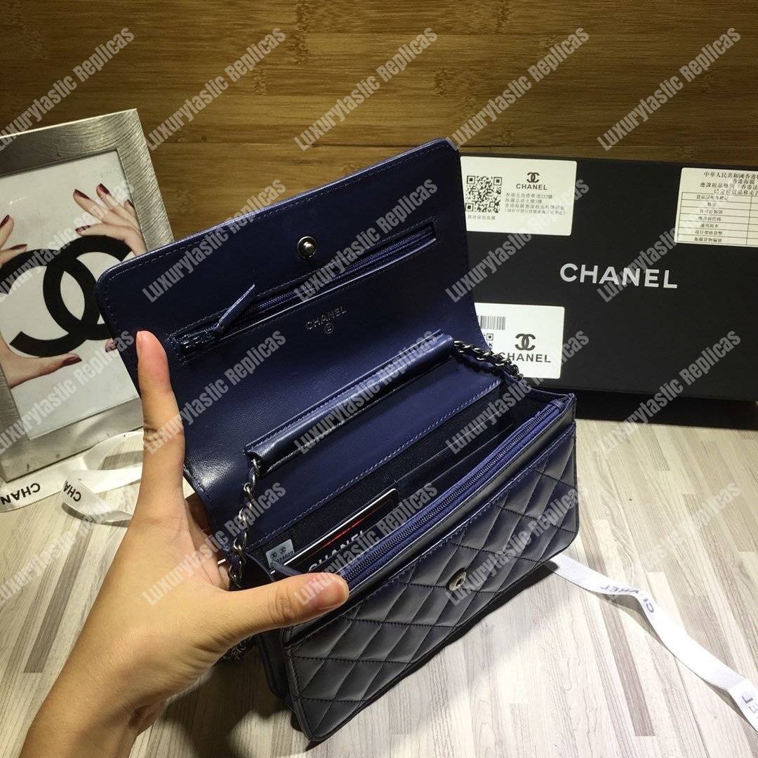 Ch*el le boy wallet on chain – woc dark blue quilted lambskin silver-toned