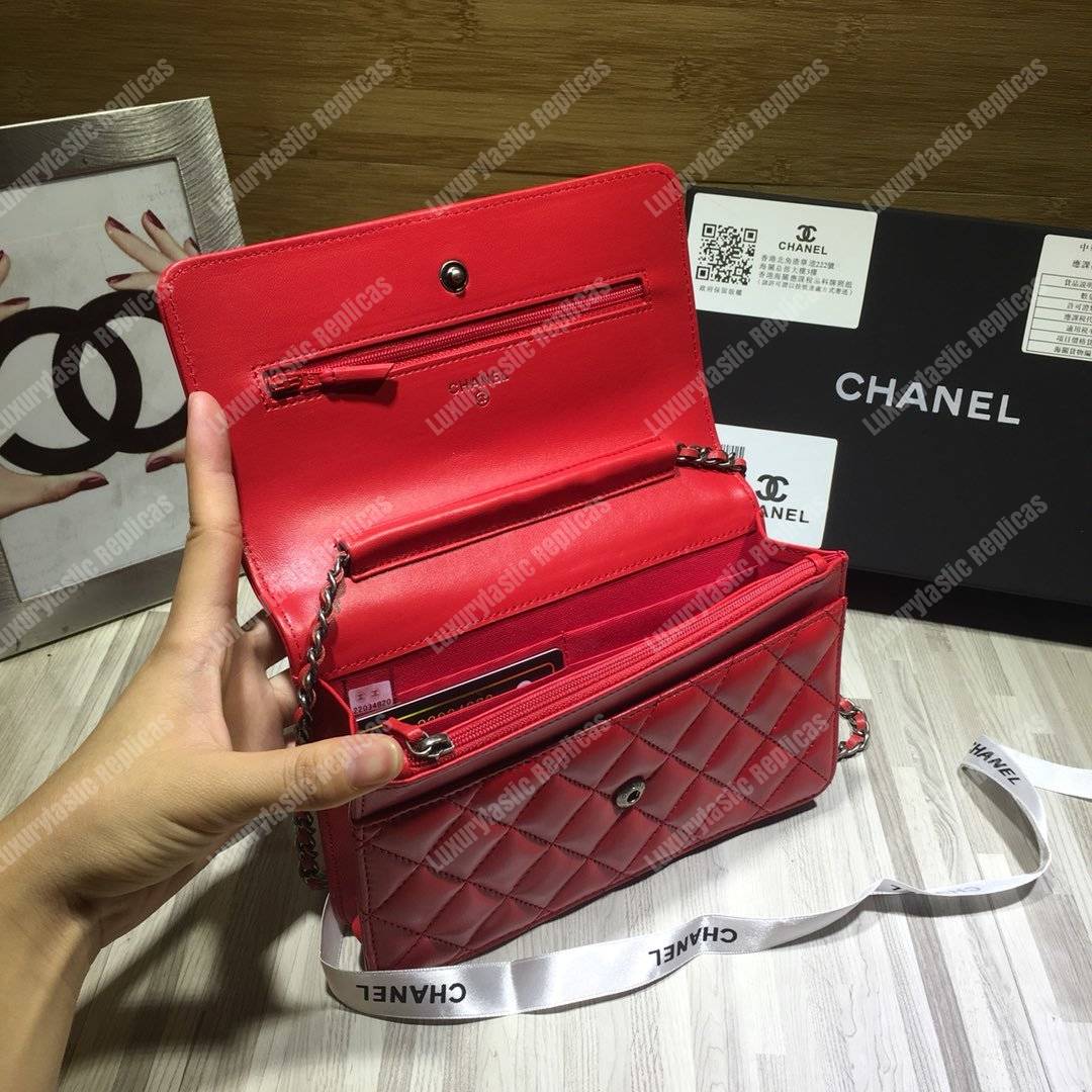 Ch*el le boy wallet on chain – woc red quilted lambskin silver-toned