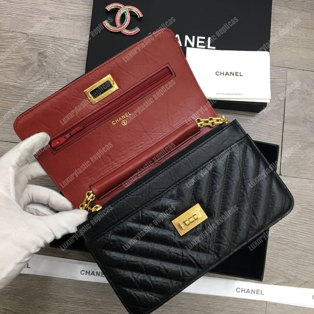 Ch*el reissue 2.55 wallet on chain – woc chevron calfskin black gold-toned