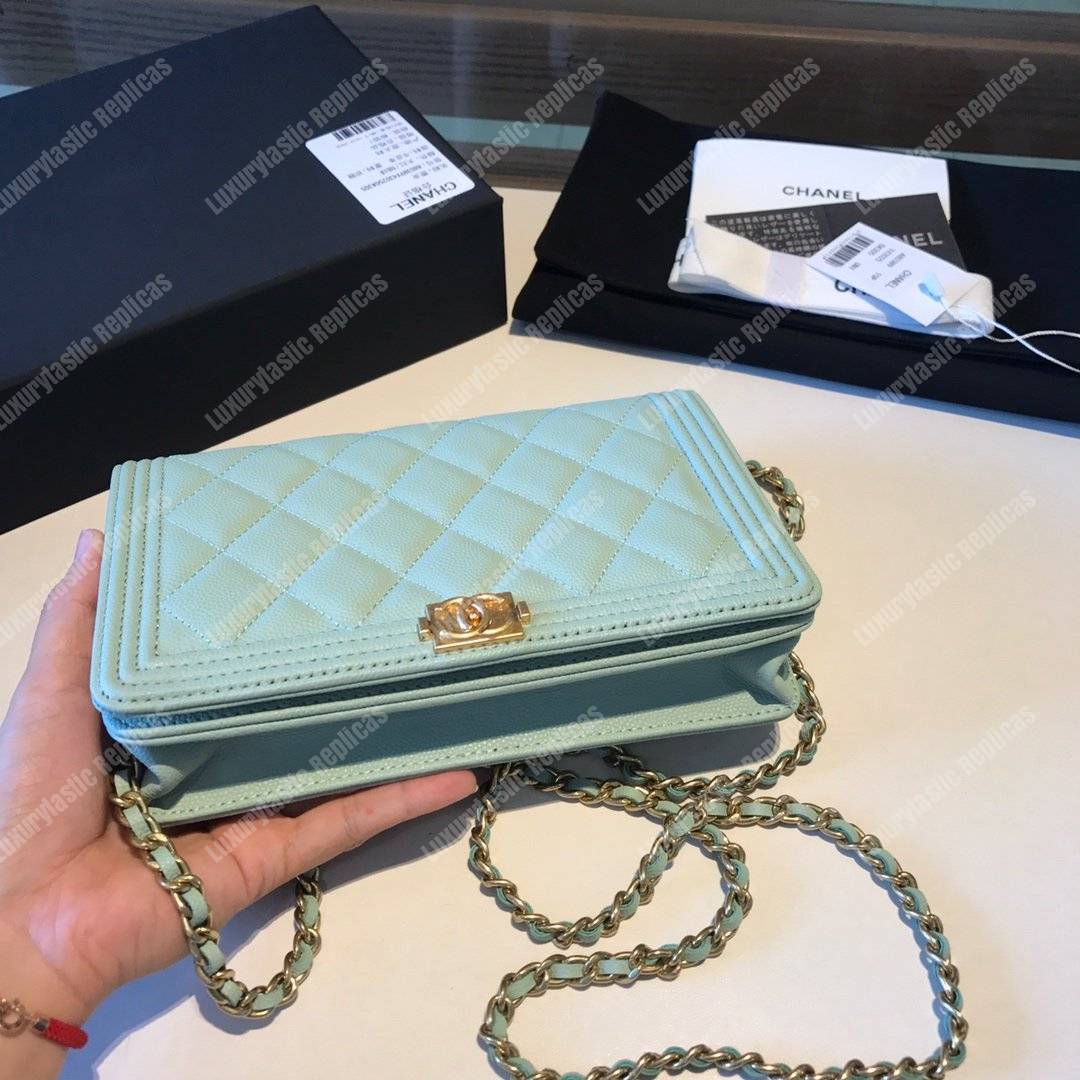 Ch*el le boy wallet on chain – woc seafoam green caviar gold-toned