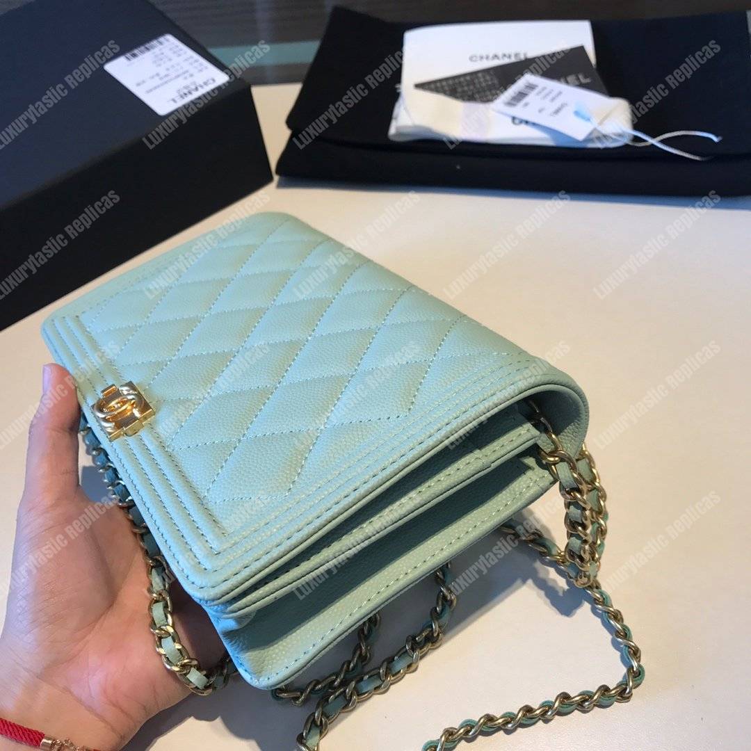Ch*el le boy wallet on chain – woc seafoam green caviar gold-toned