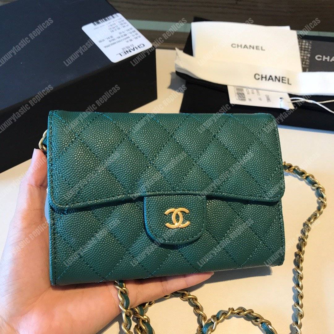 Ch*el classic clutch with chain – cwc caviar teal gold-toned