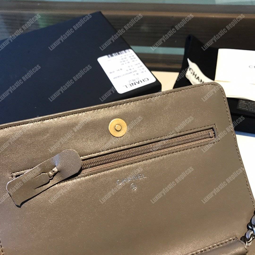Ch*el wallet on chain – woc aged & smooth calfskin gray