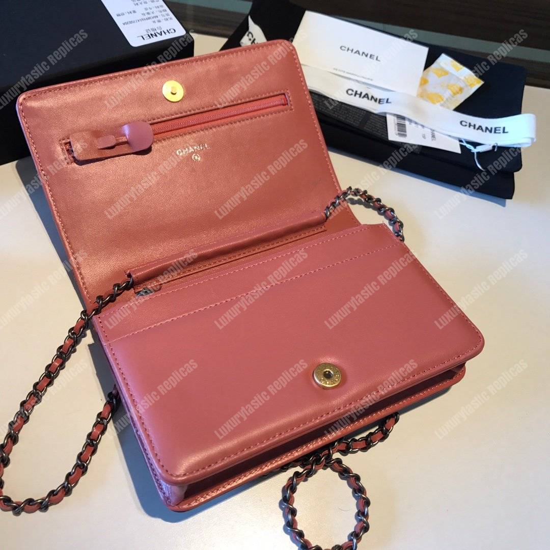 Ch*el wallet on chain – woc aged & smooth calfskin red