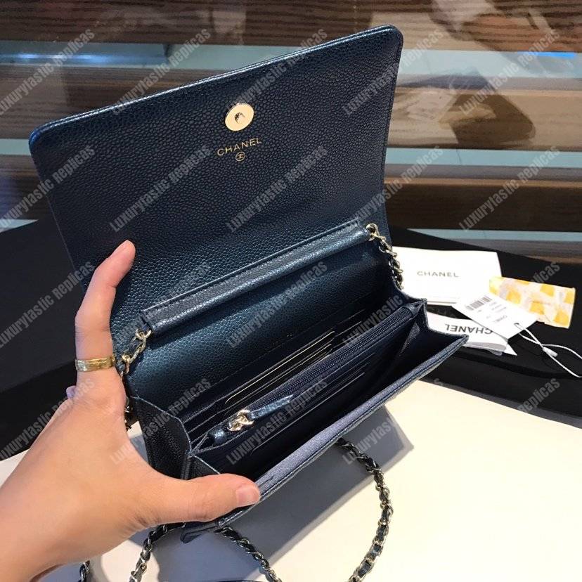 Ch*el boy square clutch with chain – cwc grained calfskin blue