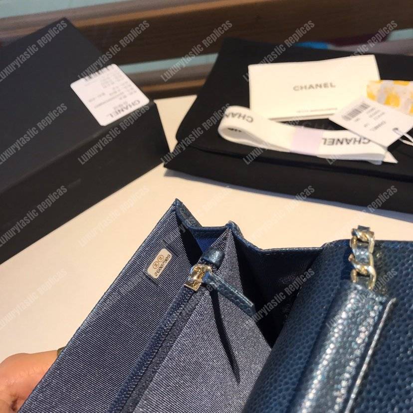 Ch*el boy square clutch with chain – cwc grained calfskin blue