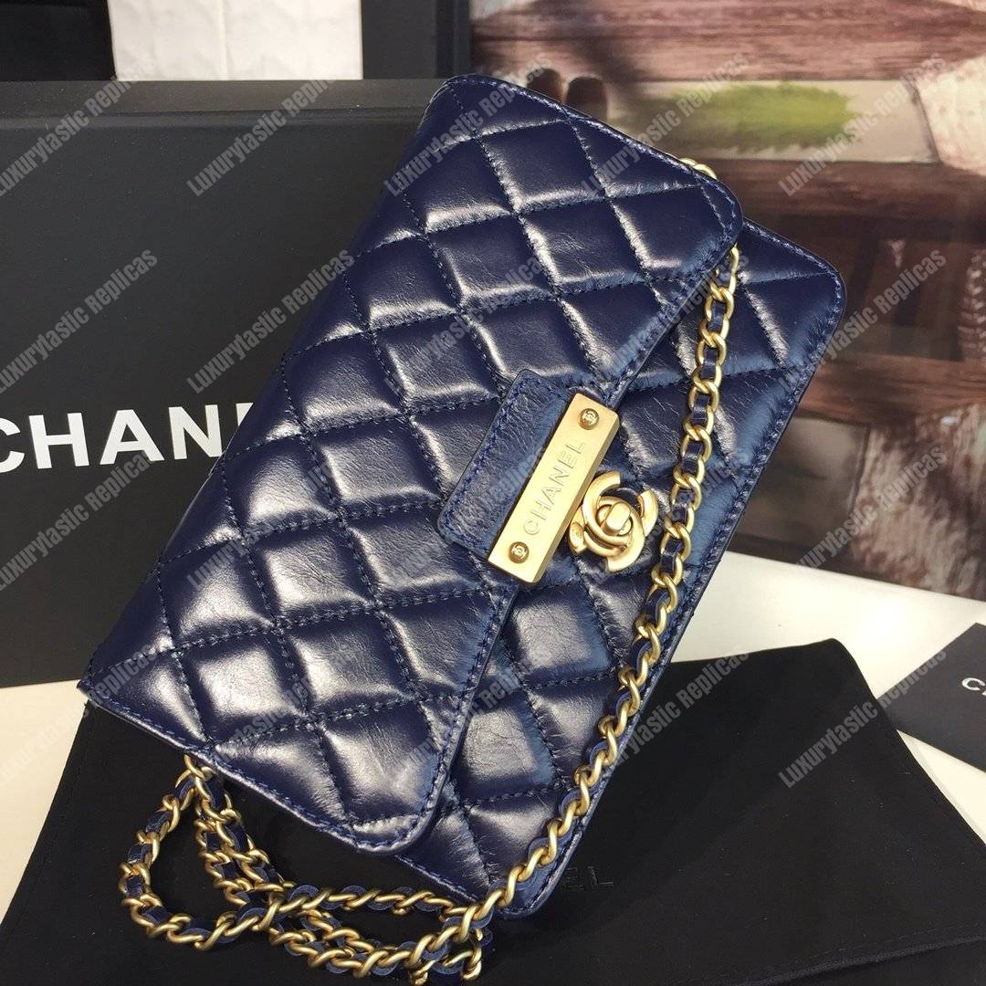 Ch*el wallet on chain – woc golden class calfskin dark blue