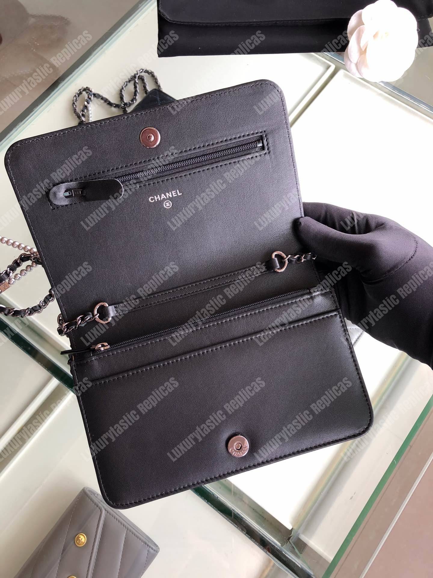Ch*el pearl wallet on chain – woc classic black lambskin gold-toned