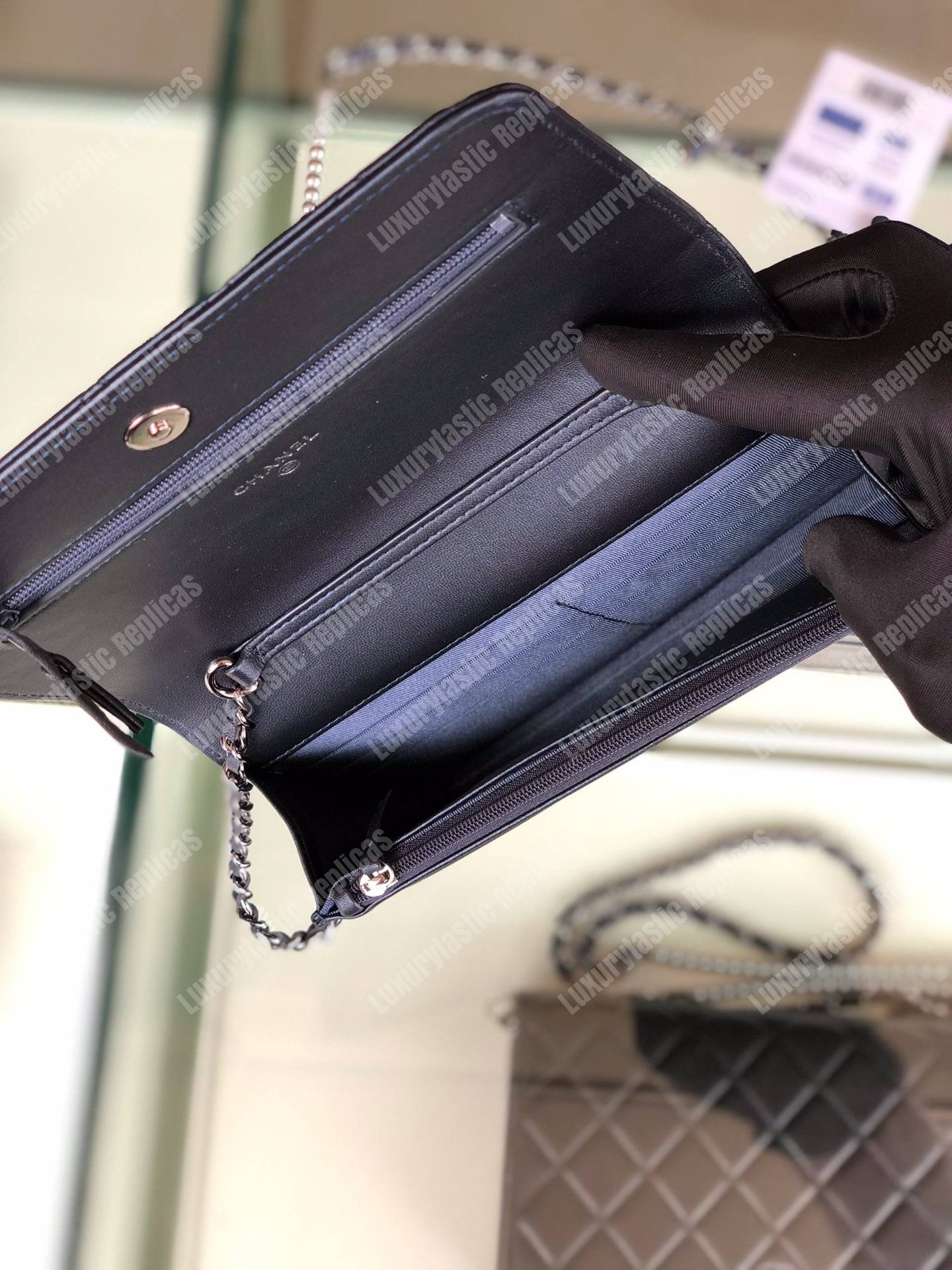 Ch*el pearl wallet on chain – woc classic navy blue lambskin gold-toned