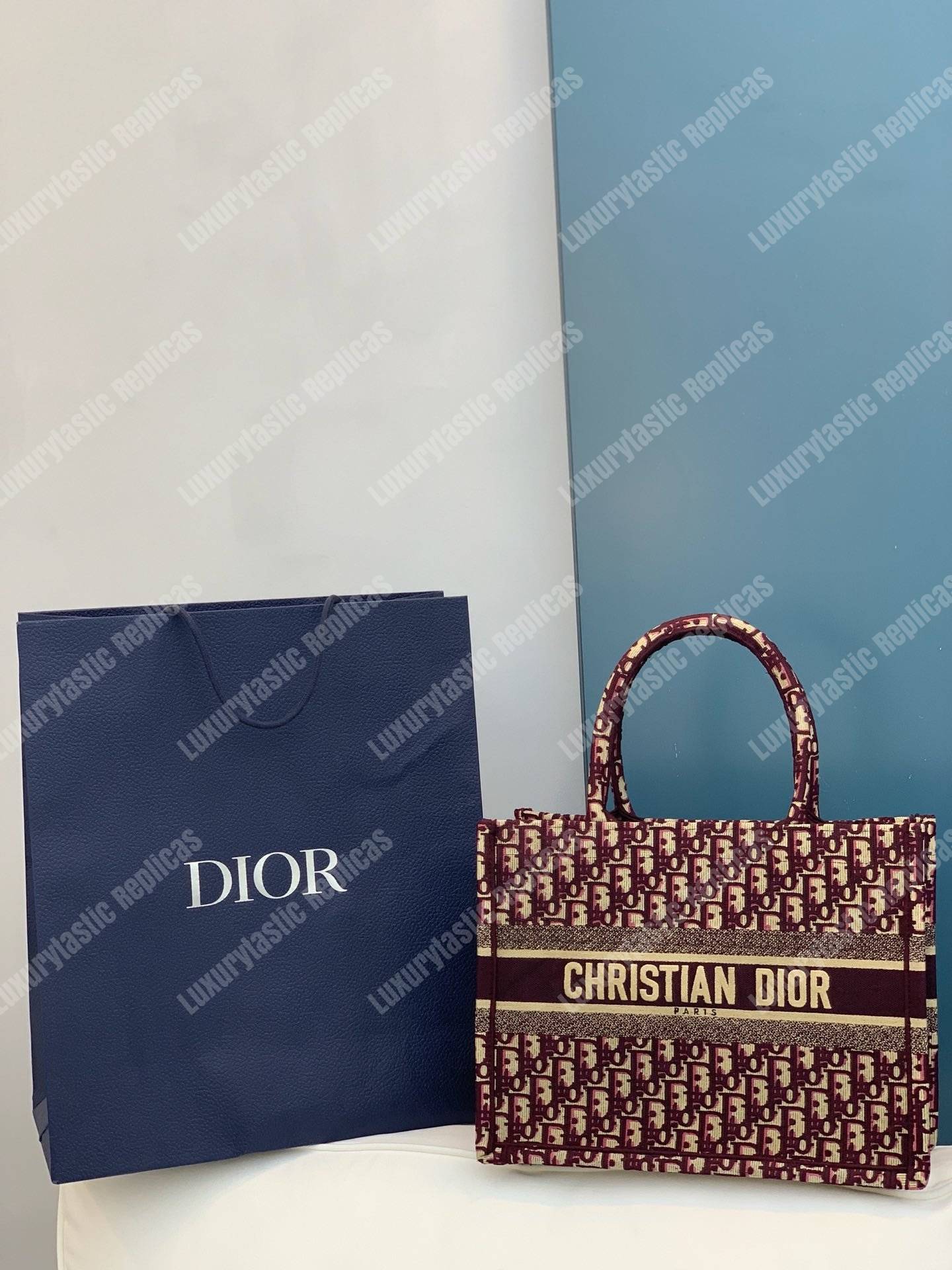 mini D*or book tote bag in embroidered canvas burgundy D*or oblique