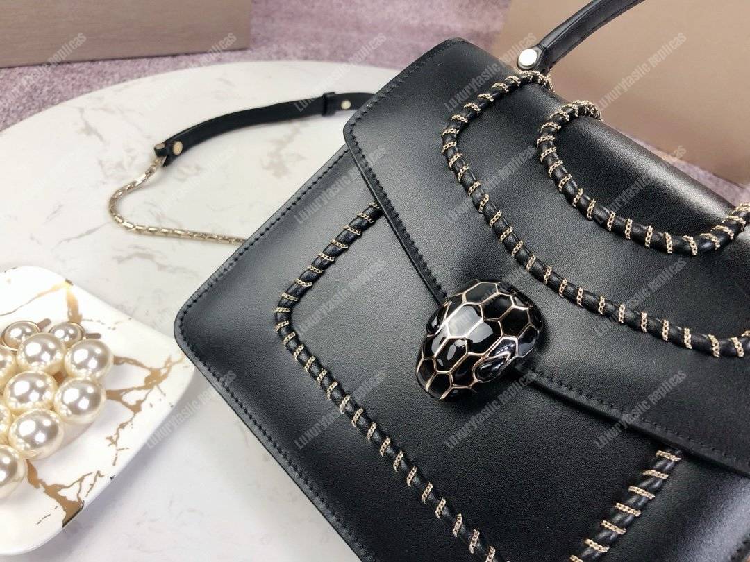 BVL Serpenti Forever Crossbody Small Tophandle Bag Black With Woven Chain