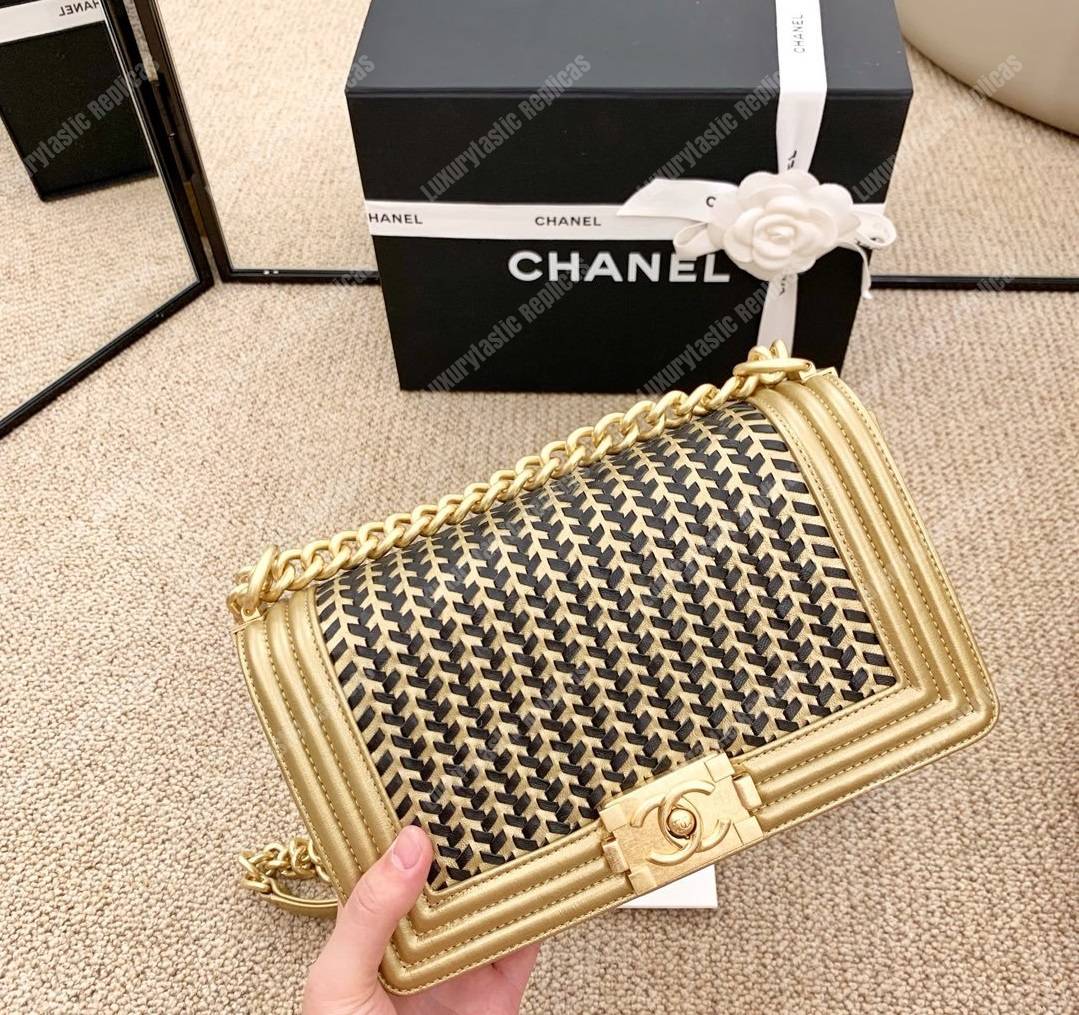 Ch*el boy medium handbag gold & black