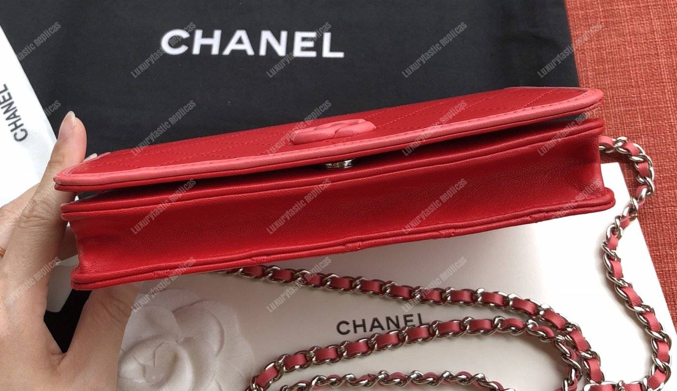 Ch*el wallet on chain – woc color pop cc lambskin red