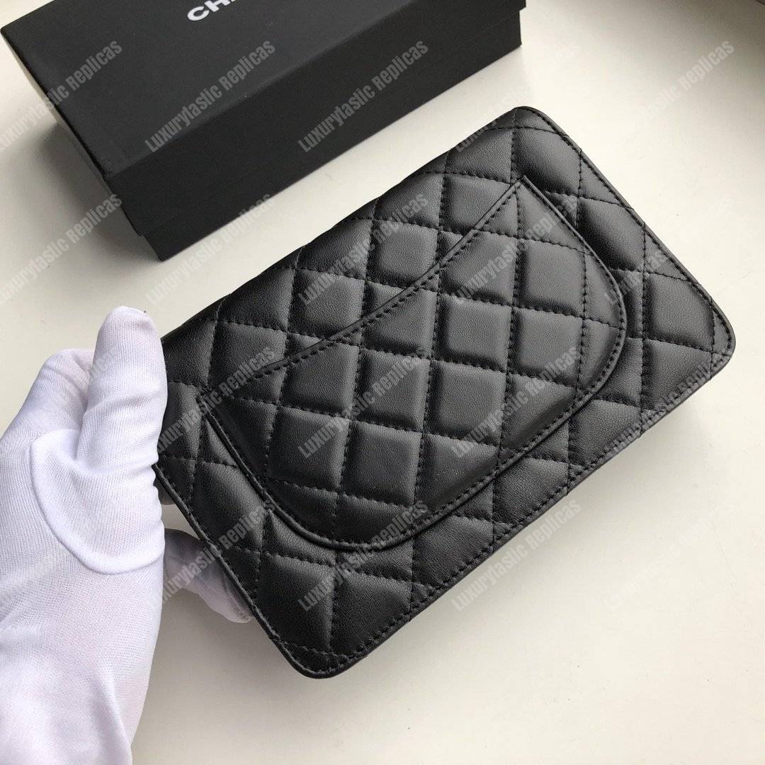 Ch*el wallet on chain – woc quilted lambskin black silver-toned