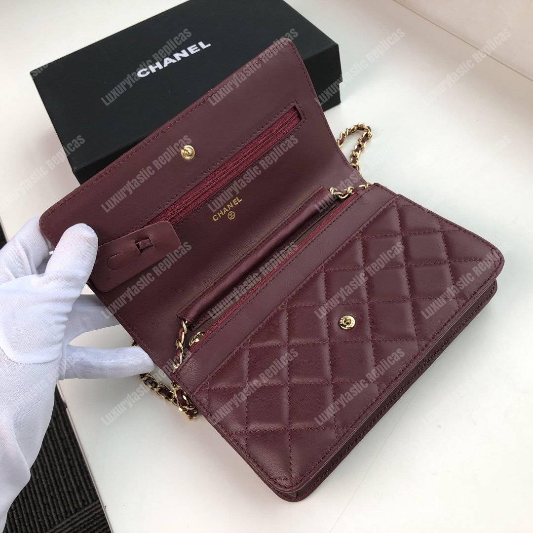 Ch*el wallet on chain – woc quilted lambskin maroon gold-toned