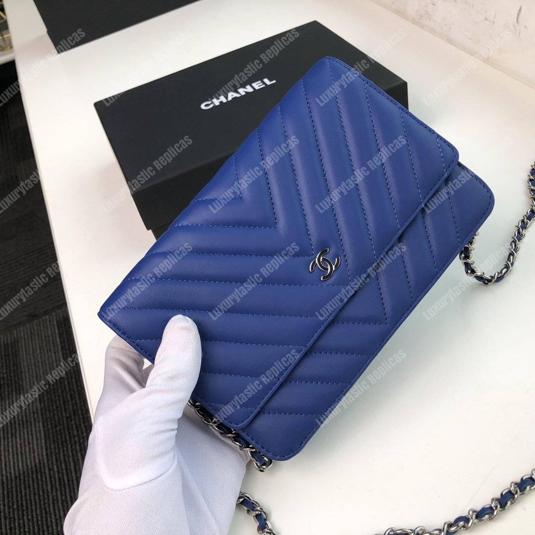 Ch*el wallet on chain – woc chevron lambskin blue silver-toned