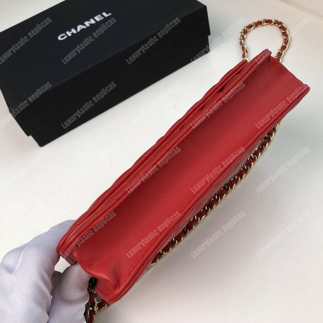 Ch*el wallet on chain – woc chevron lambskin red gold-toned