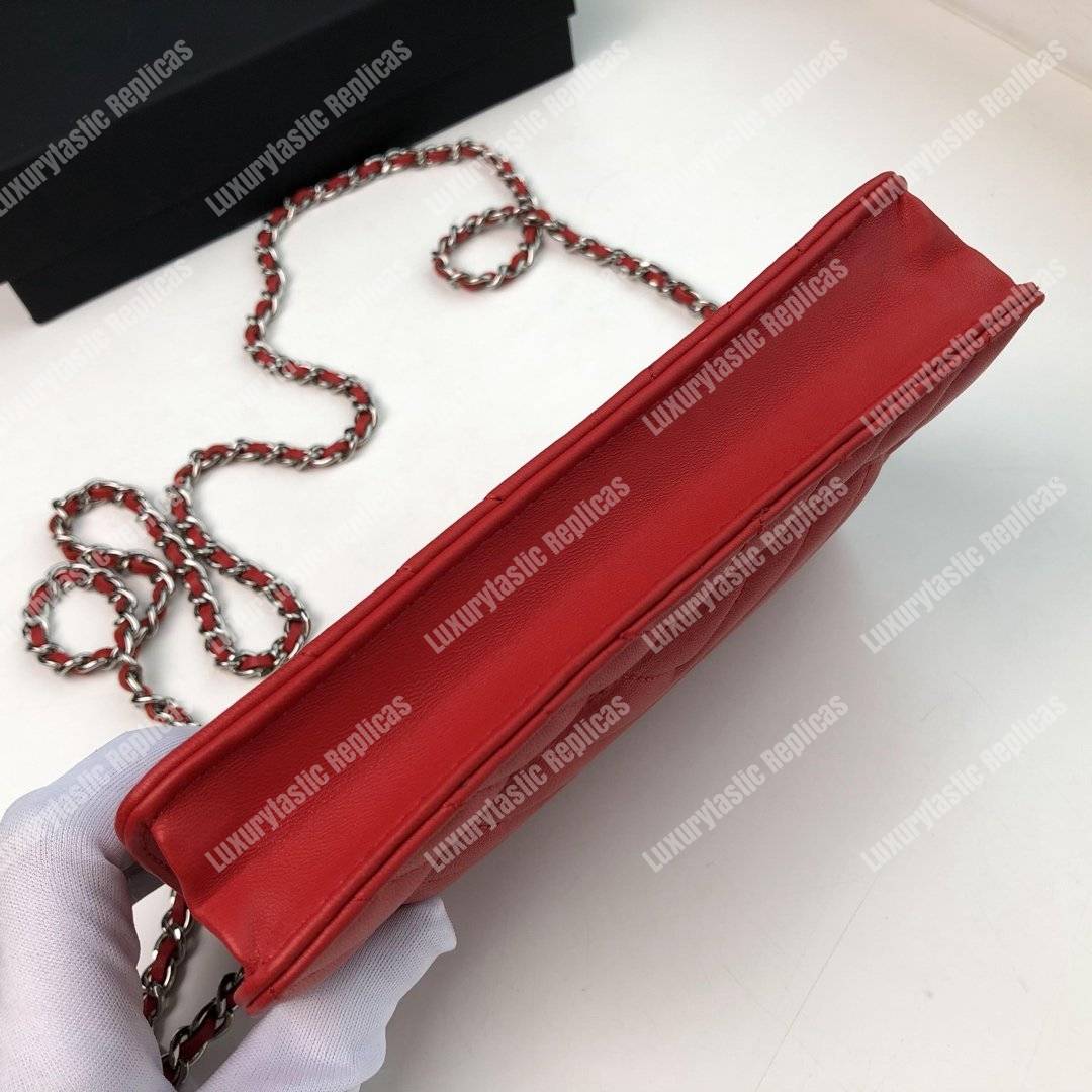 Ch*el wallet on chain – woc chevron lambskin red silver-toned﻿