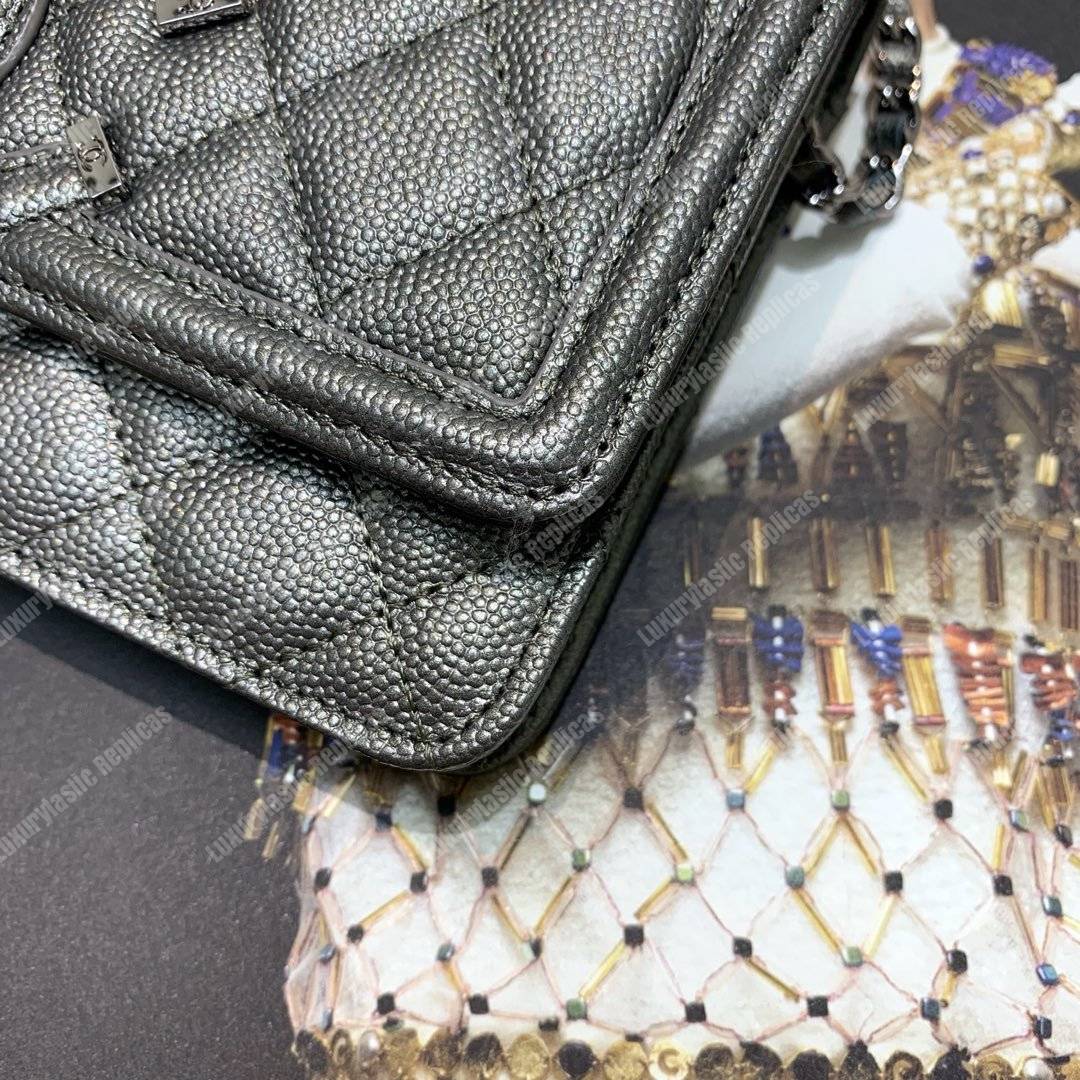 Ch*el wallet on chain – woc cc filigree grey grained calfskin