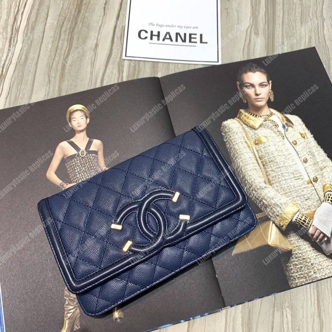 Ch*el wallet on chain – woc cc filigree dark blue grained calfskin
