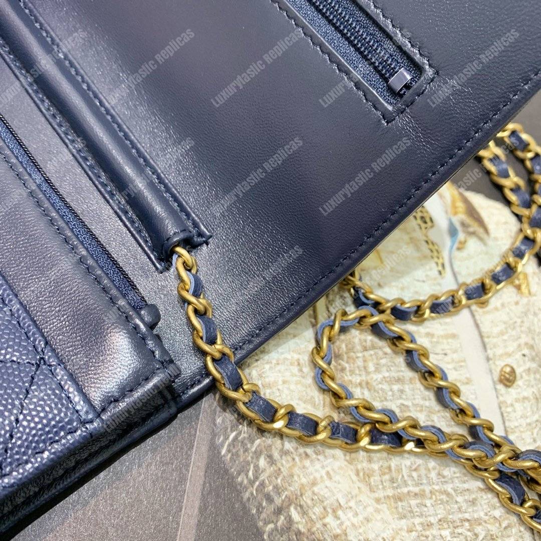 Ch*el wallet on chain – woc cc filigree dark blue grained calfskin