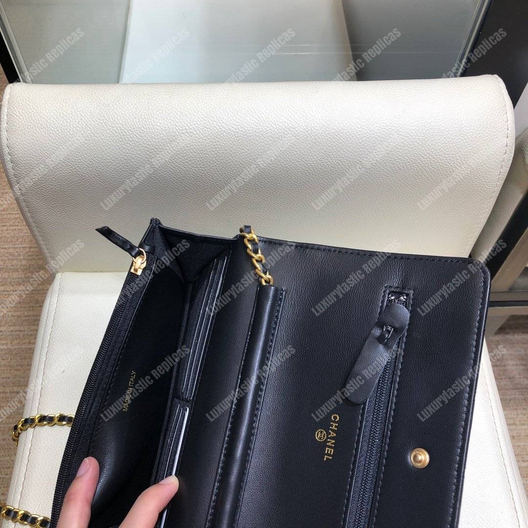 Ch*el wallet on chain – woc lambskin black braided chains