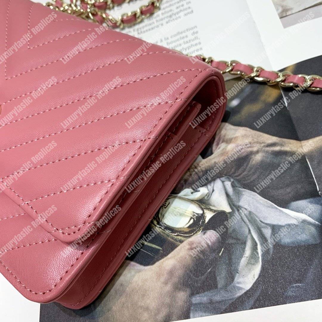 Ch*el wallet on chain – woc chevron lambskin gold-toned metal peach pink
