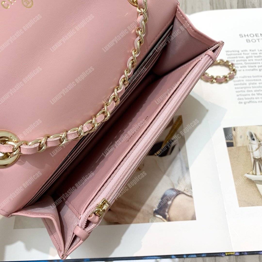 Ch*el wallet on chain – woc chevron lambskin gold-toned metal pink