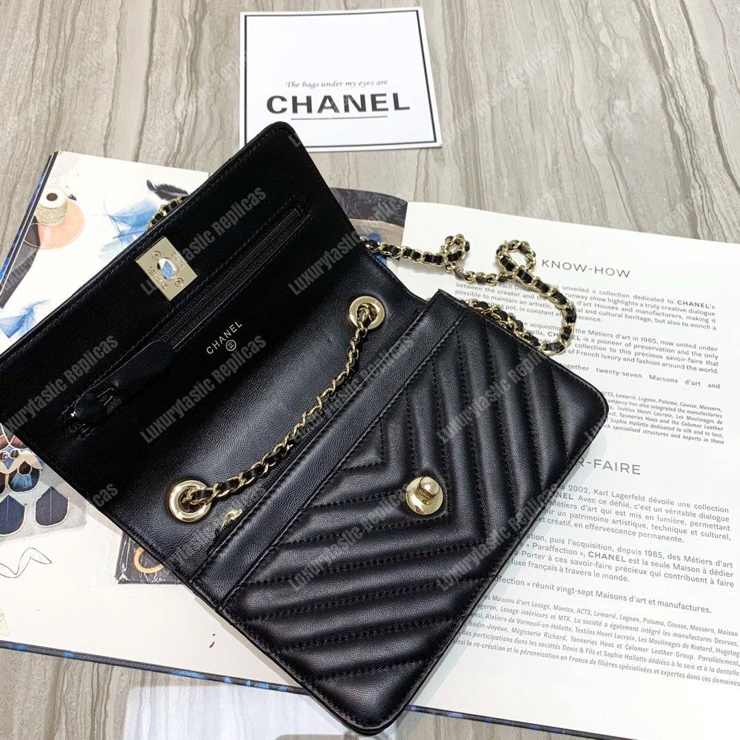 Ch*el wallet on chain – woc chevron lambskin gold-toned metal black
