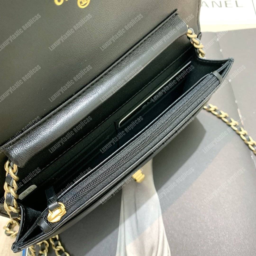 Ch*el wallet on chain – woc pleated lambskin black gold-toned