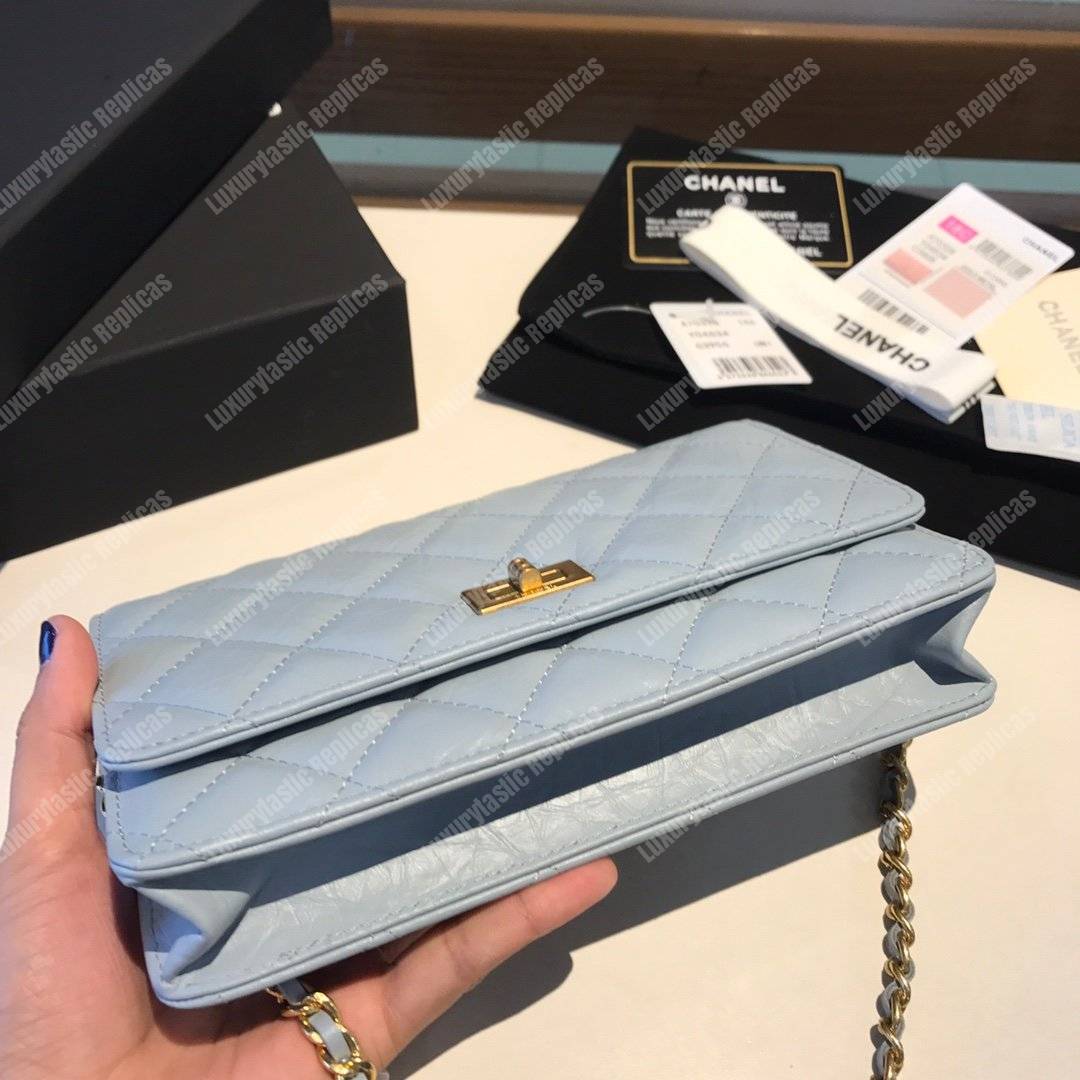 Ch*el wallet on chain – woc aged calfskin light blue