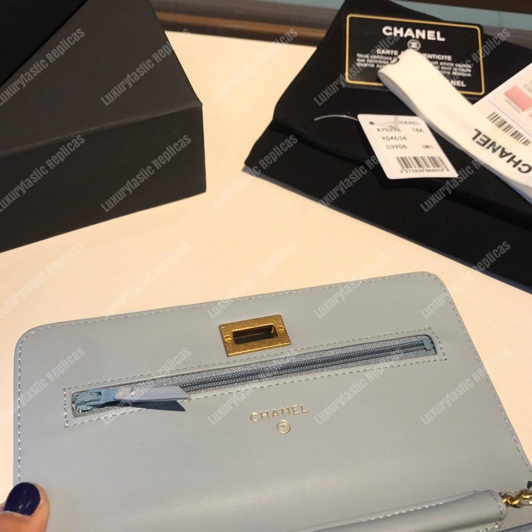 Ch*el wallet on chain – woc aged calfskin light blue