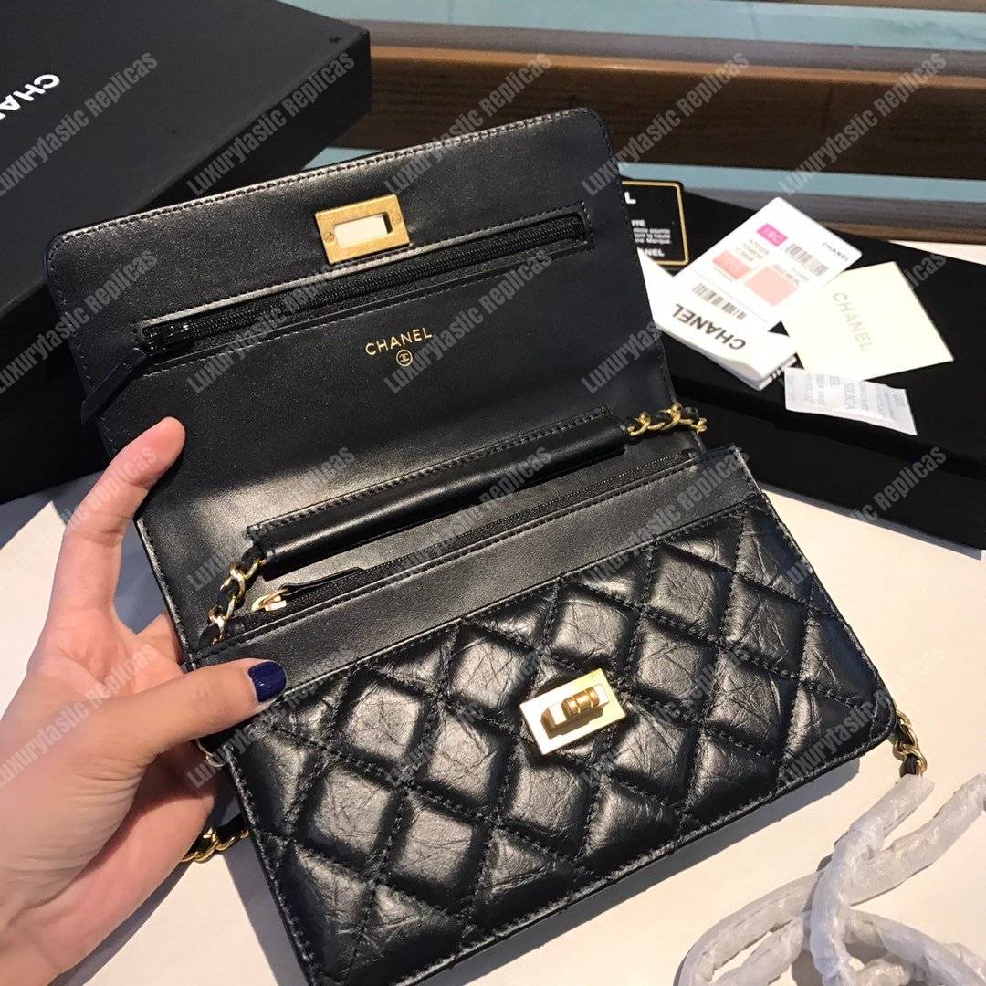 Ch*el wallet on chain – woc aged calfskin black