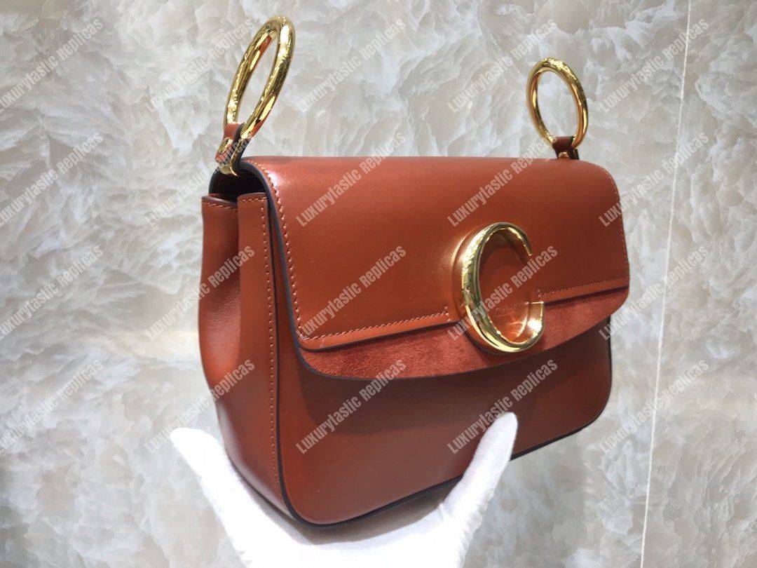 Chloe Small “C” Double Carry Bag In Shiny And Suede Calfskin Brown