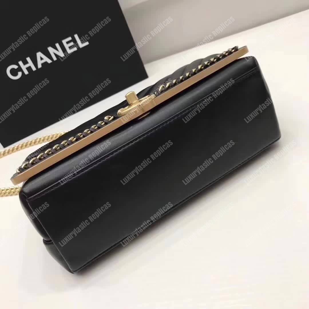 Ch*el chevron stitched chain top handle flap bag black