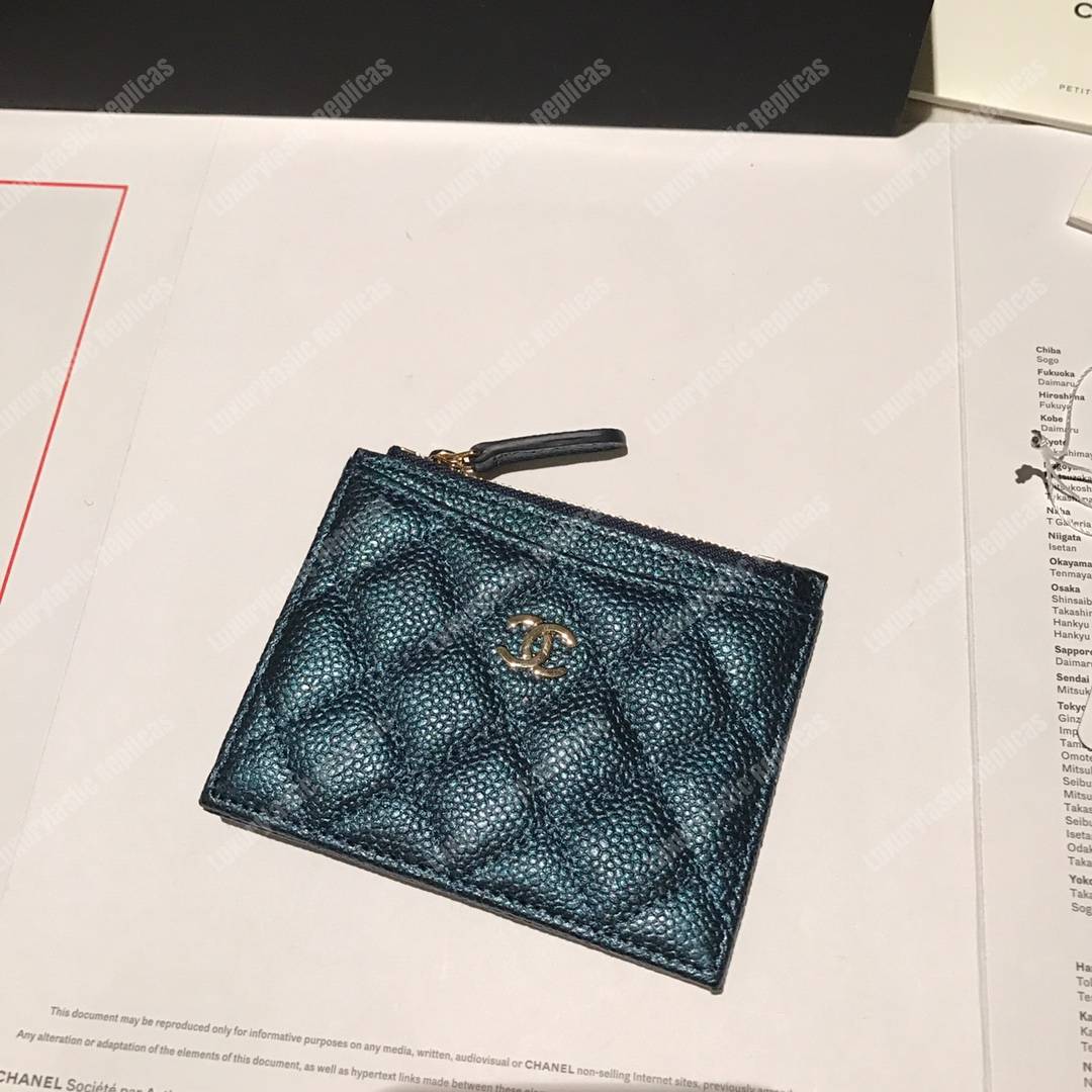 Ch*el classic card holder iridescent turquoise