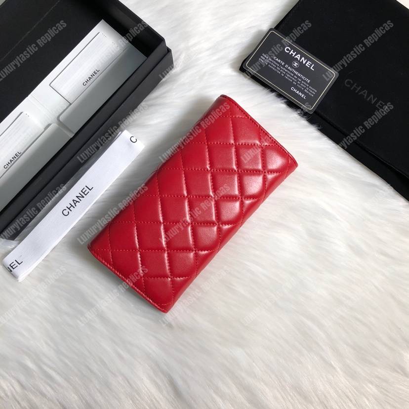 Ch*el classic long flap wallet lambskin leather red