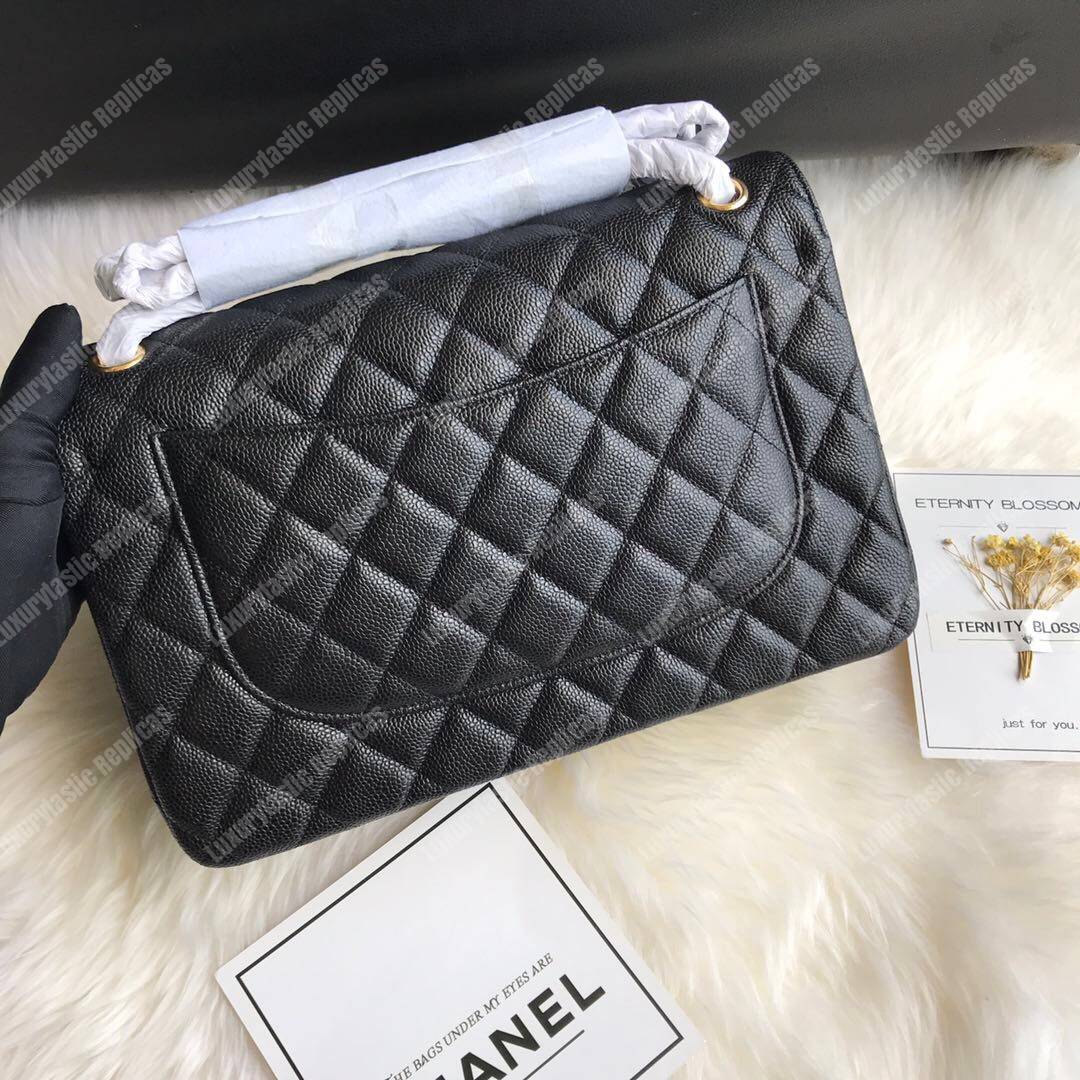 Ch*el classic maxi handbag black grained calfskin gold-toned