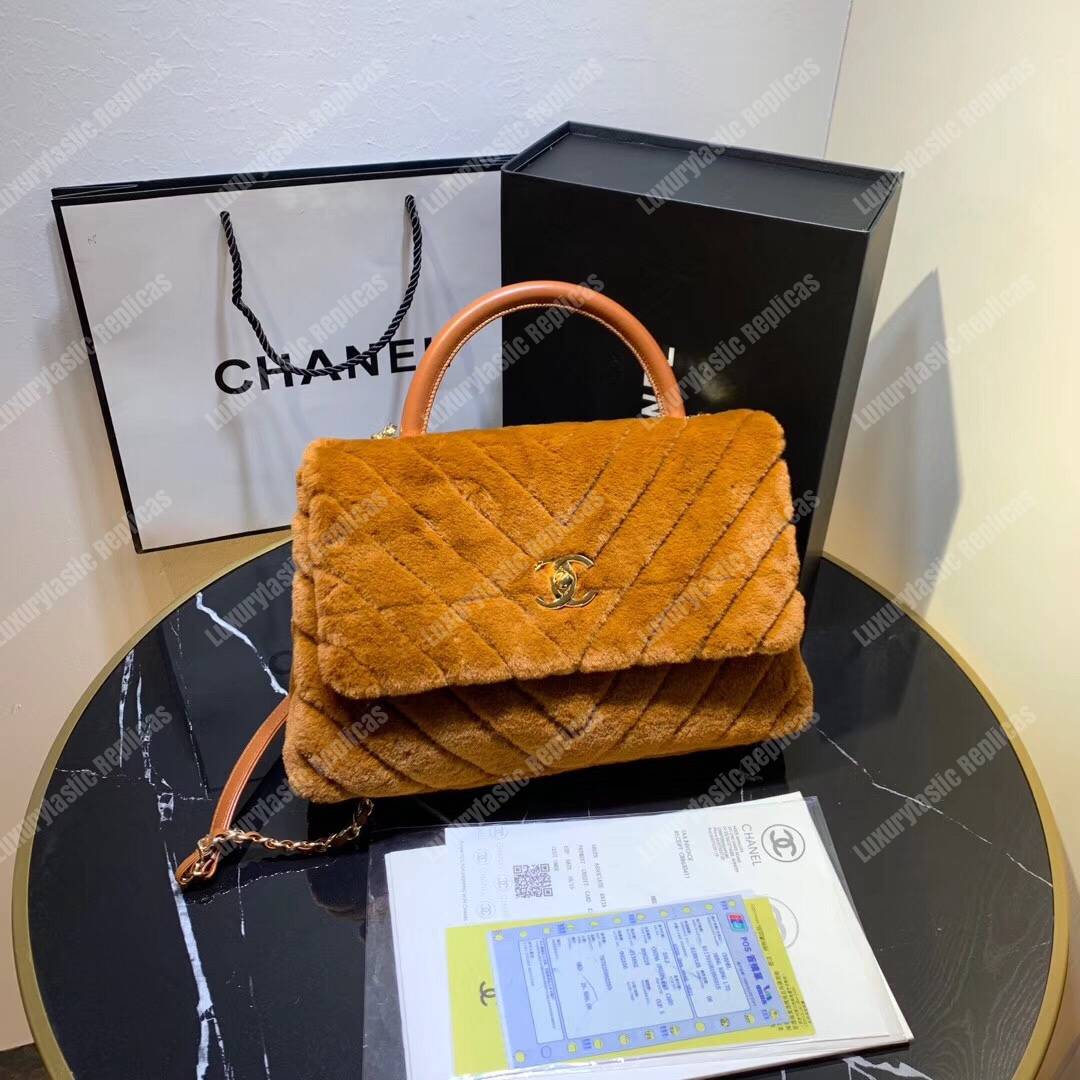 Ch*el flap bag with top handle beige