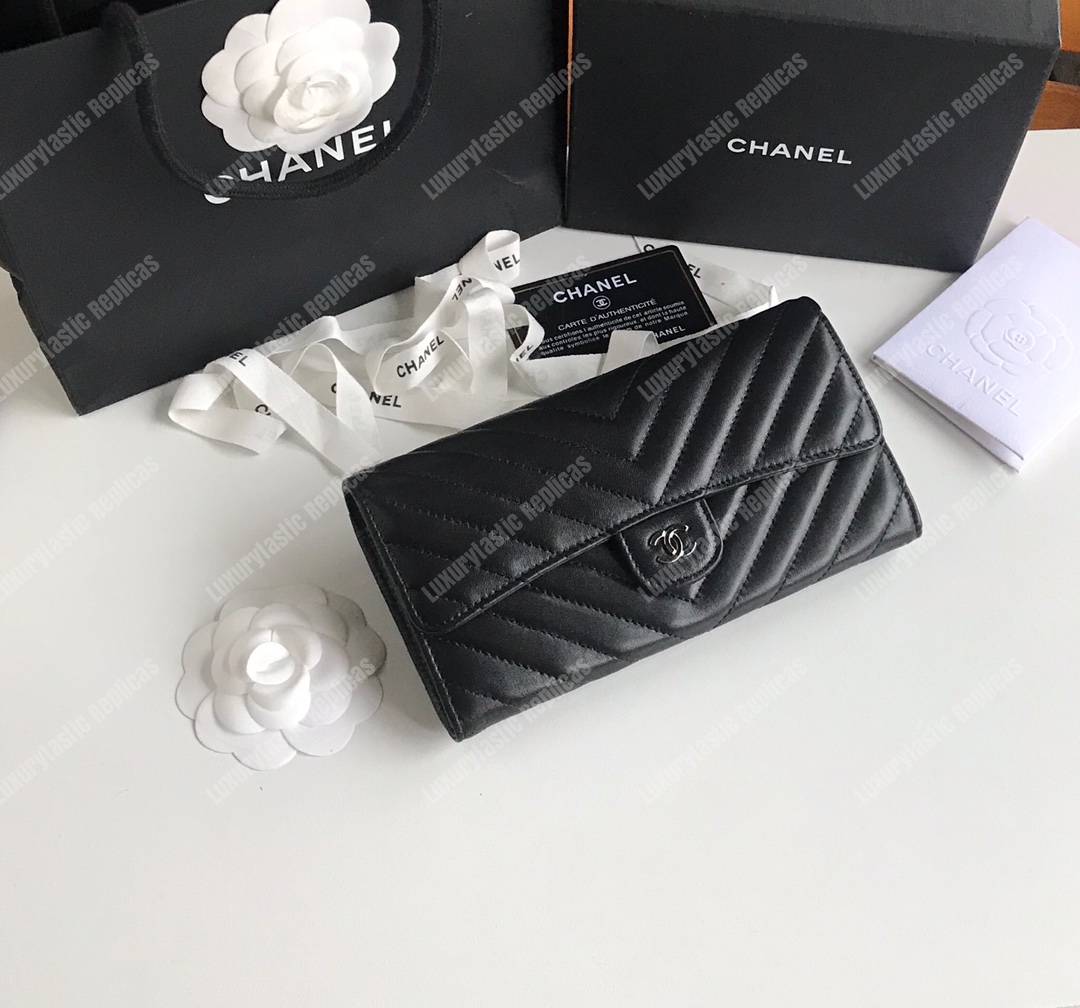 Ch*el classic long flap wallet chevron lambskin black