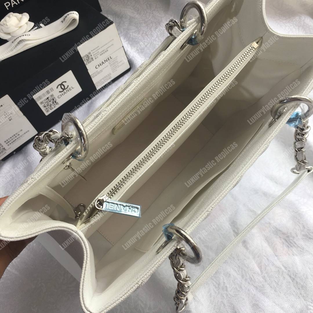 Ch*el large shopping tote silver tone white