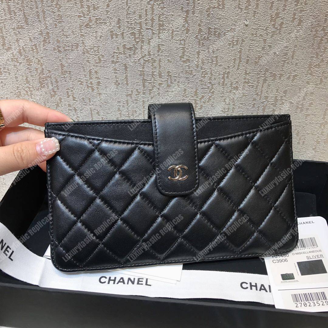 Ch*el classic pouch lambskin leather silver tone black