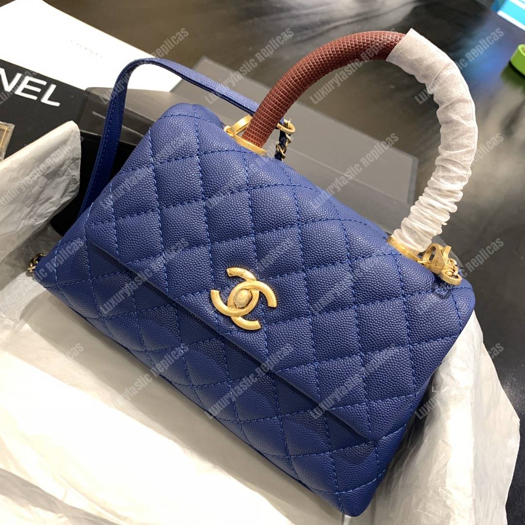 Ch*el flap bag with burgundy top handle caviar leather blue