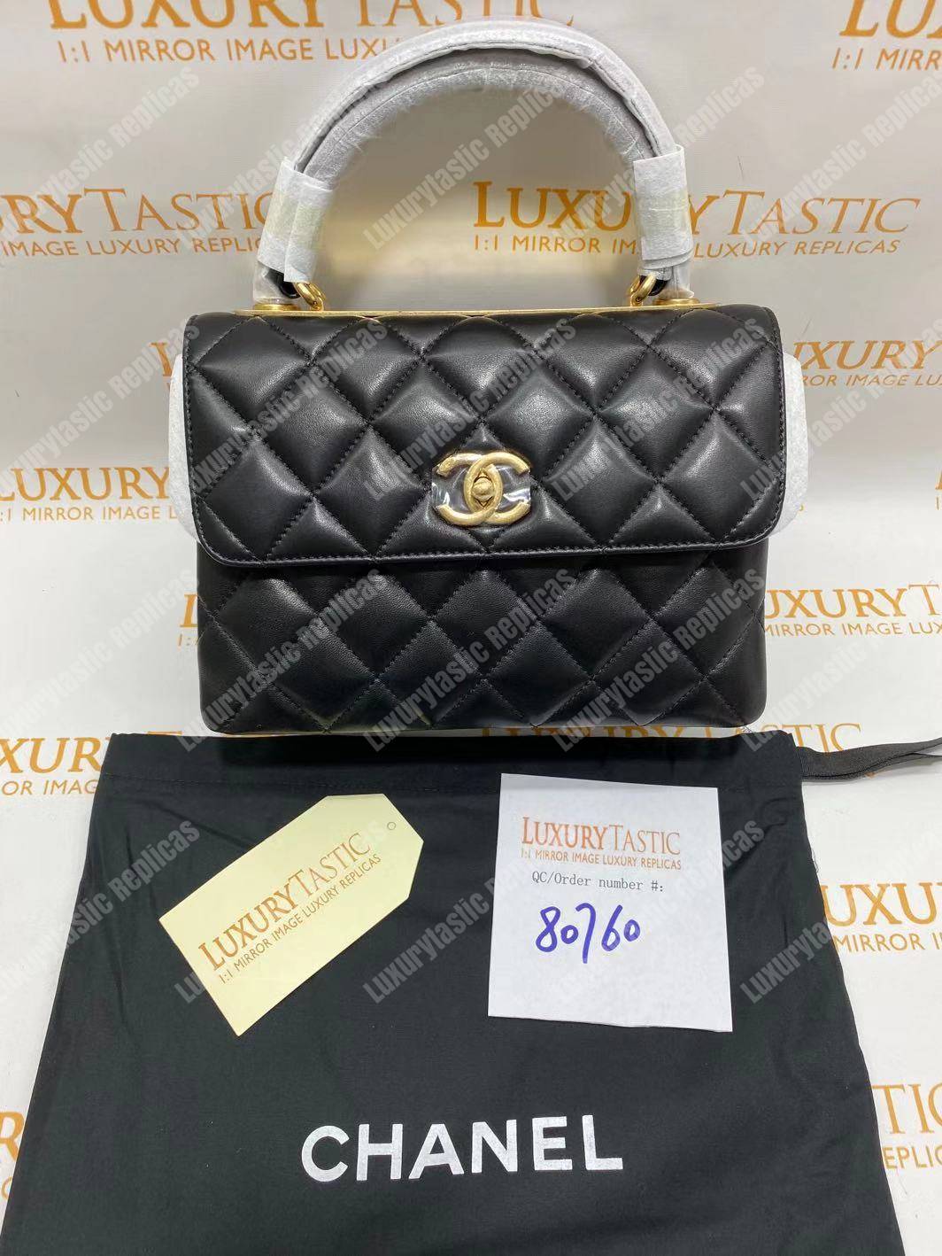 Ch*el small flap bag with top handle black-gold