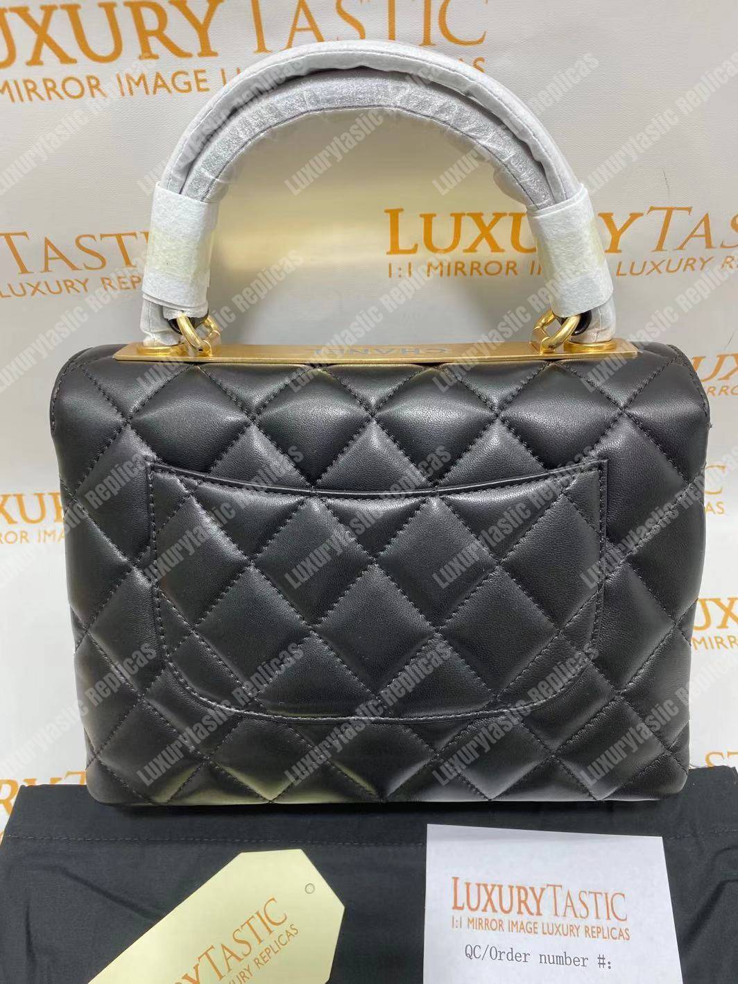Ch*el small flap bag with top handle black-gold