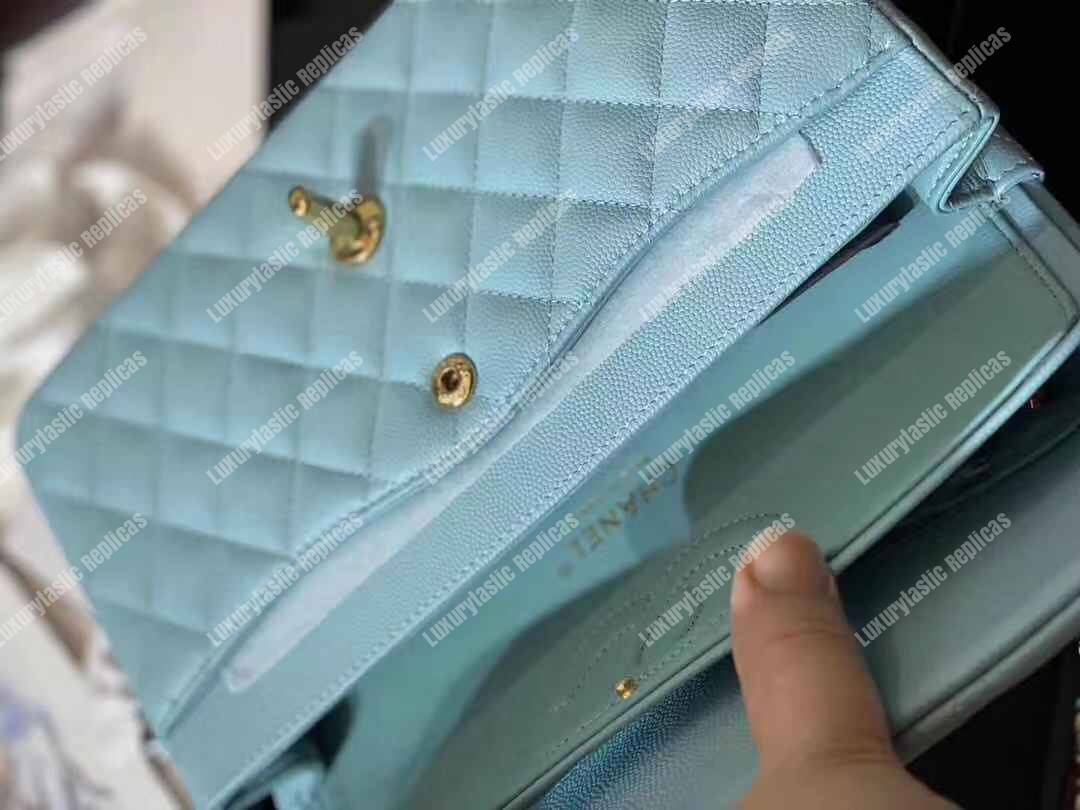 Ch*el medium classic handbag pale blue gold-tone metal